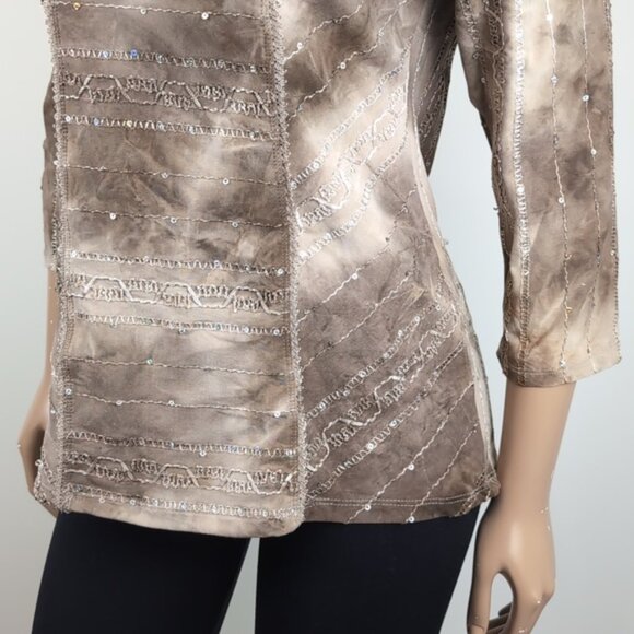 Nycal Tie Dye Blouse Sequin Embellished Mocha Scoop Neck 3/4 Sleeve Top - Picture 3 of 12